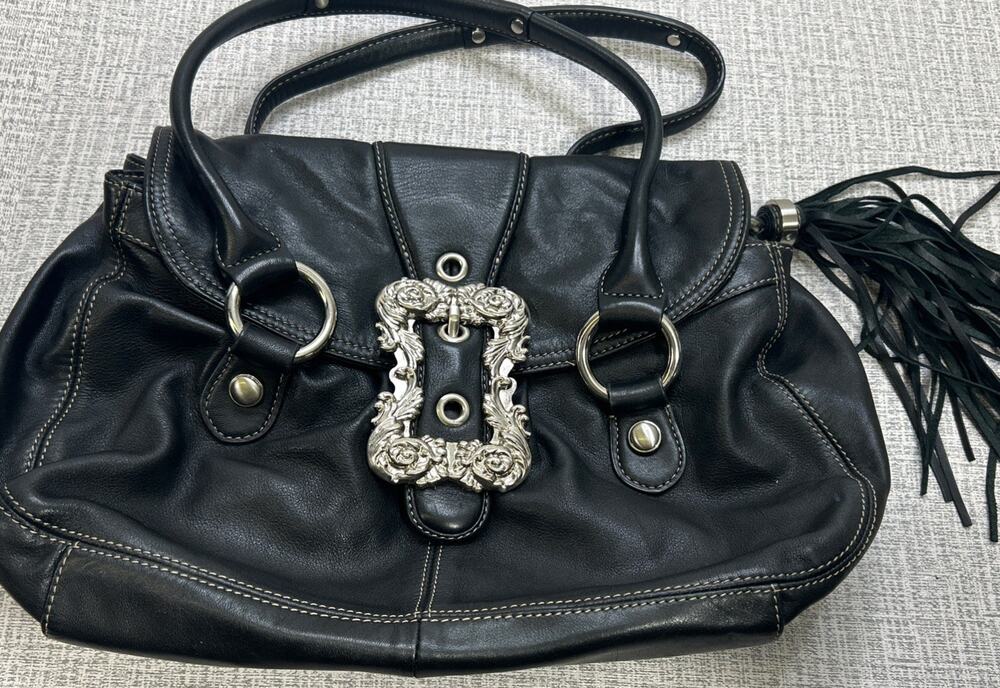 Vintage B Makowsky Black Leather Shoulder Bag Purse Big Buckle Tassle Grunge Y2K